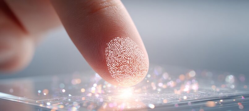 Fingerprint biometric scan shows a young adult with fair skin pressing a finger on a high-tech glass sensor. The glowing digital icon symbolizes security.
