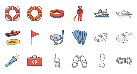 Vector illustration set of water rescue and lifeguard safety equipment icons. © Studio84
