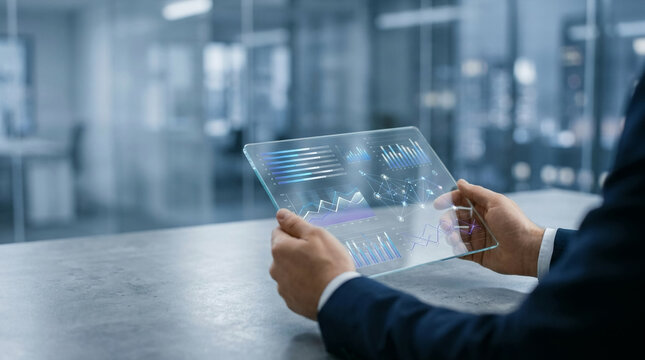 Businessperson reviewing financial data on transparent tablet in modern office