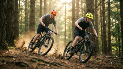 Fototapeta premium Two teenage brothers race mountain bikes side by side down a steep pine-lined trail, mud spraying from rear tires, helmets clashing colors,
