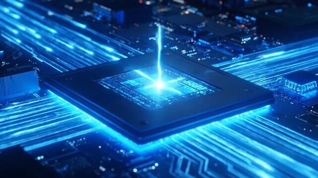A glowing computer chip with data streams and a futuristic design is shown