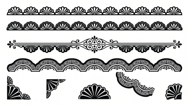 Collection of ornate black shell patterns on white background for design and decoration isolated on white background.