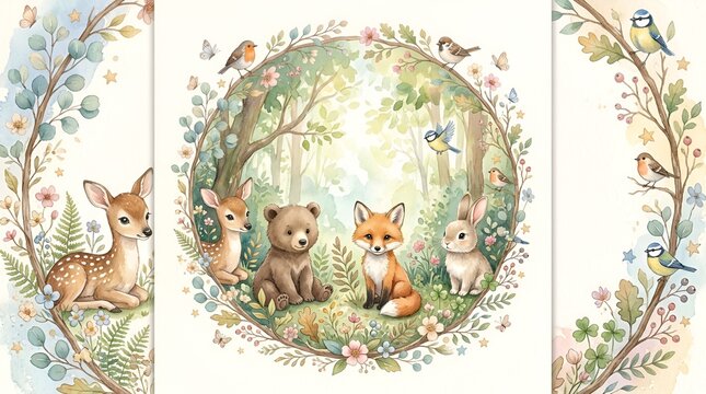 Cute Forest Animals Circle Wreath Illustration - Baby Deer, Bear, Fox, Rabbit