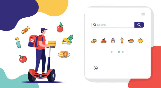 Food delivery courier riding a segway with a thermal backpack surrounded by various icons of snacks and a mobile app interface.