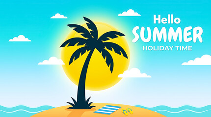 Fototapeta premium Summer holiday time beach scene with palm tree silhouette and sun, beach towel