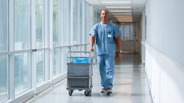A plus-size Latino male nurse with brown skin in his 40s wearing blue scrubs pushes a utility cart in a bright hospital corridor.