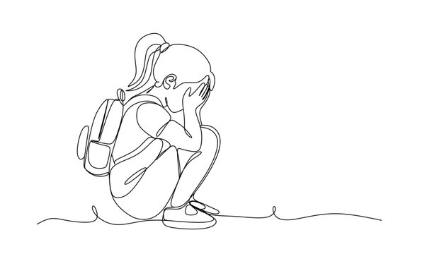 continuous single line drawing of sad boy with schoolbag sitting on floor covering his face  line art vector illustration