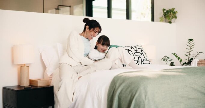 Mother, child and laugh with tablet on bed for fun drawing app, development and creative game. Funny family, happy mom and kid with tech in home for online art puzzle, digital gaming and connection