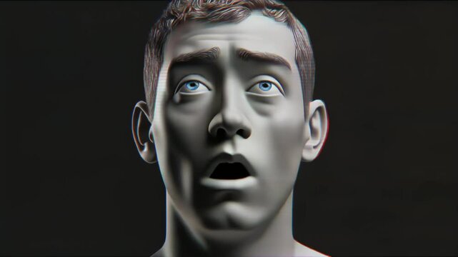 グリッチで揺らぐ混乱した表情の近未来3Dポートレート