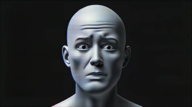 グリッチで揺らぐ混乱した表情の近未来3Dポートレート