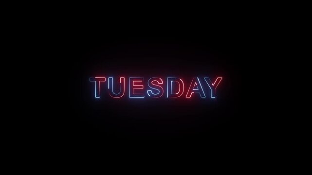 Glowing colorful neon text month of tuesday Neon light sign with the name of the day of saturday. Abstract glowing tuesday text neon light effect- 4k animation neon week day