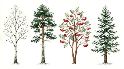 Fototapeta premium Set of Four Winter Trees: Birch, Pine, Rowan, and Fir with Snow