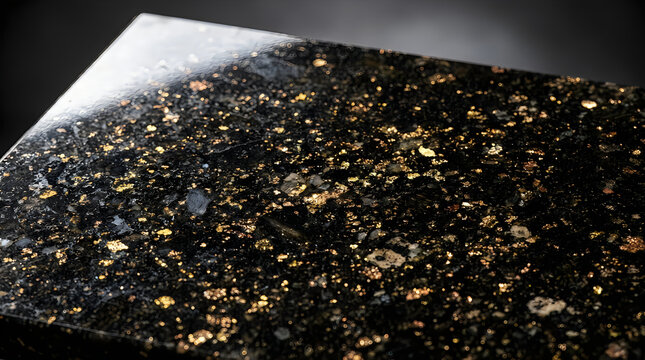 Black granite stone surface with shiny colorful mineral flakes