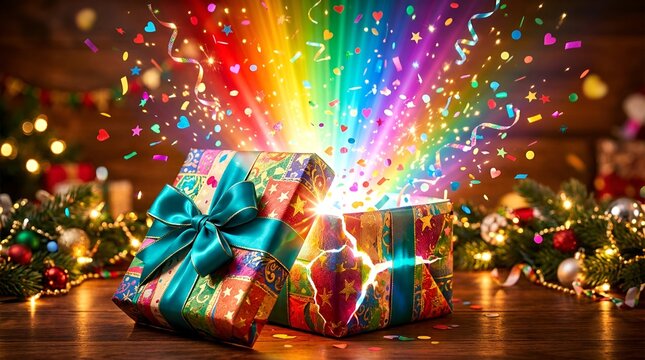 Surprise Gift Box Exploding with Rainbow Light and Confetti