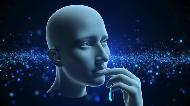 青い光粒子に包まれ涙をこらえる3D感情ポートレート