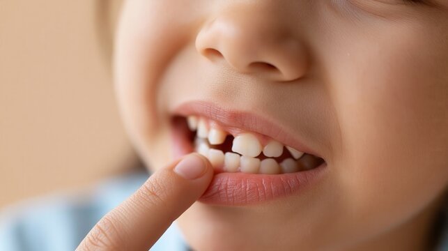 Close up of a little girl pointing at her missing baby tooth.