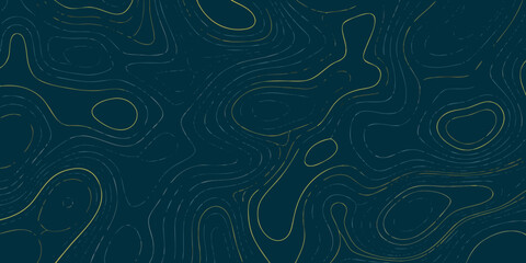 abstract topographic map design with flowing golden lines on dark teal background © Bithi