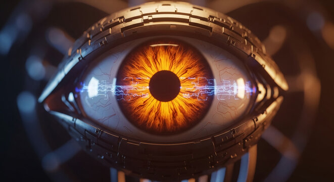Bionic eye showcasing glowing digital data pathways in dark technological environment