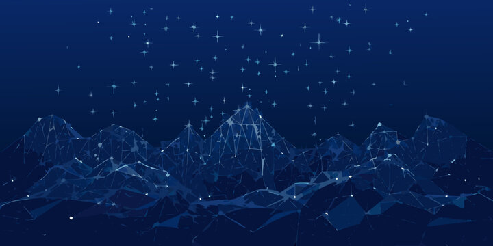 low poly mountain range illustration with starry night sky digital art