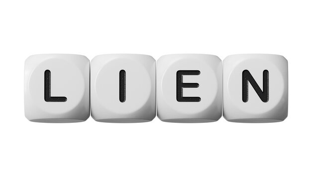 Four wooden dice arranged in stack with word LIEN on them, space for text.close up of wooden dice,Business Concept.Supports PNG files with transparent backgrounds.