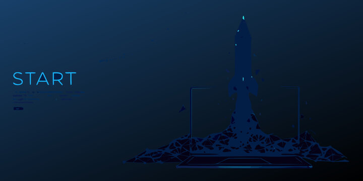 Blue wireframe rocket launching from a laptop screen polygonal digital illustration