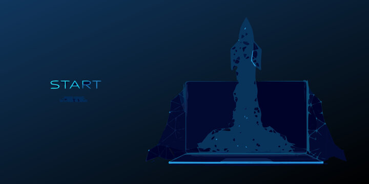 Wireframe rocket launching from a laptop screen polygonal blue digital illustration