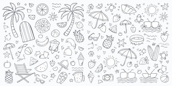 hand drawn summer doodle set with tropical fruits beach items and sun on white background