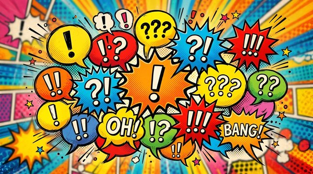 Comic Book Speech Bubbles with Exclamation and Question Marks, Pop Art Style