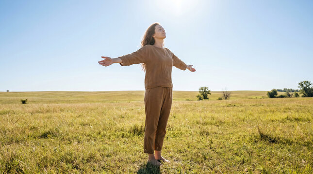 A solitary woman stands barefoot in a quiet rural meadow at harsh midday sun, arms stretched wide, eyes closed skyward, practicing a somatic 2