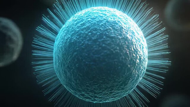 Single stem cell forming life, microscopic close up of a glowing spherical embryo like cell with detailed membrane and nucleus, symbolizing growth, research and medical discovery
