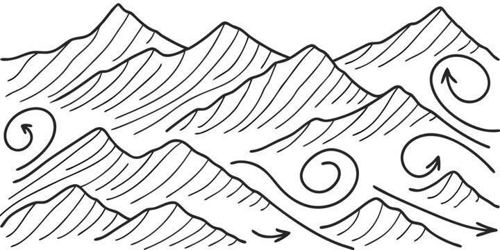 hand drawn mountain range illustration with cross hatching and swirling wind patterns
