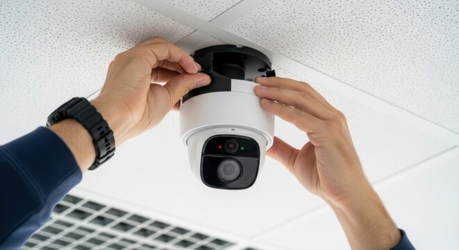 Hands carefully installing a modern white security dome camera onto a drop ceiling grid