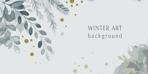 watercolor eucalyptus branches and pine needles with gold accents on a light gray background © Bithi