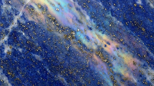 Abstract macro texture of deep blue lapis lazuli gemstone with golden pyrite inclusions and iridescent streaks
