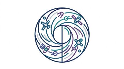 Abstract swirling vortex with satellites and spacecraft. © Xasia
