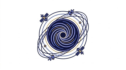 Abstract swirling vortex with satellites orbiting in space. © Xasia