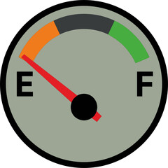 Naklejka premium Empty Fuel Gauge: A close-up view of a fuel gauge indicating an empty tank, with the needle pointing to 'E' and the orange zone highlighted, suggesting a need for refueling.