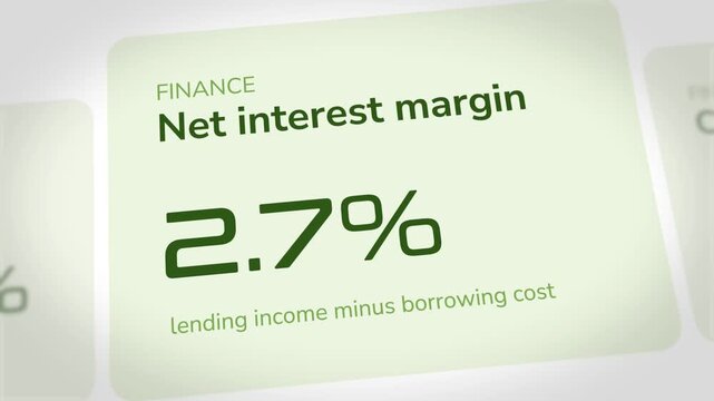 Dynamic financial motion graphic showing changing net interest margin percentages with smooth transitions in a professional banking interface designed for modern corporate data presentation