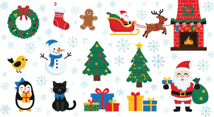 Naklejka premium Cute Christmas Clipart Vector Set with Santa Claus Sleigh Reindeer Trees Fireplace Snowman and Holiday Gifts for Xmas Greeting Card Designs
