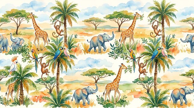 Watercolor Safari Animals Pattern: Giraffes, Elephants, Monkeys, Parrots