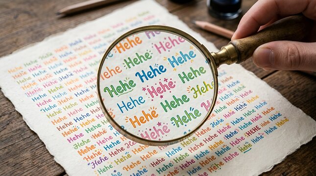 Magnifying glass over colorful "Hehe" text, laughter, fun, and humor concept
