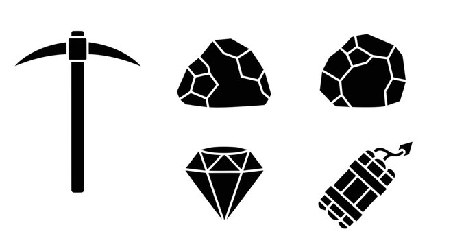 Mining Icons: Pickaxe, Rocks, Diamond, Dynamite - Vector Graphics
