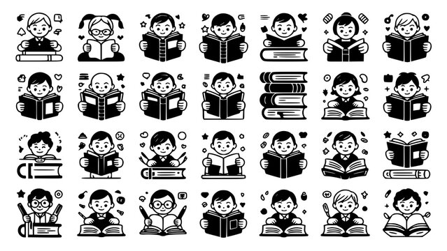 Black and white illustrations of children reading books and learning