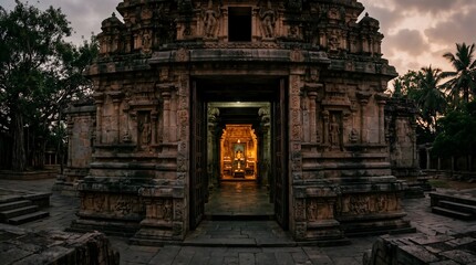 Fototapeta premium Ancient temple entrance with glowing shrine at dusk scene