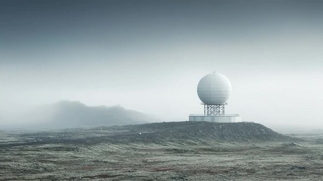 White radome structure standing on a remote, rugged landscape, shrouded in thick fog, suggesting a sense of isolation, surveillance, and advanced technology