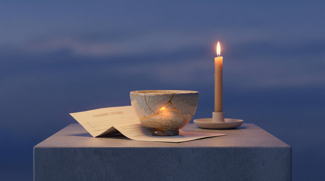A symbolic still life at blue hour shows a cracked ceramic bowl repaired with gold seam, a therapy intake form folded nearby, and a single l 3
