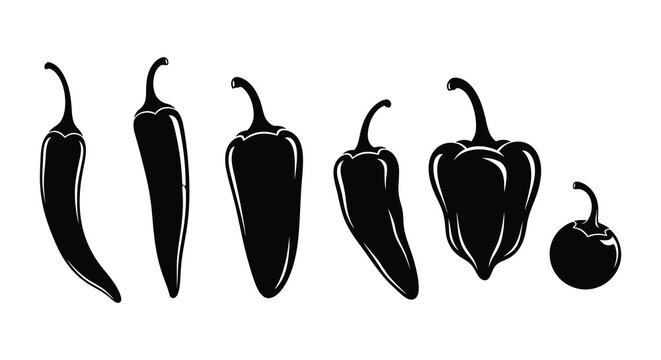 Collection of chili pepper silhouettes in varying shapes on a white background silhouette