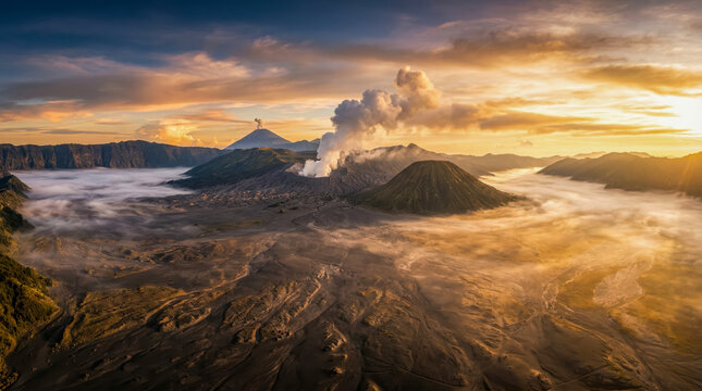 Epic sunrise over active smoking volcano and sea of sand covered in fog