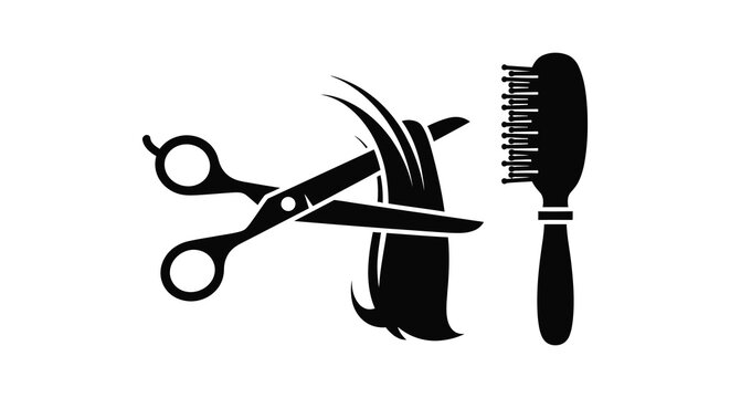 Haircutting scissors comb and falling hair strands in black silhouette