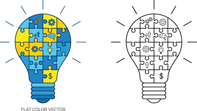 Title: Puzzle Lightbulb Creative Idea Problem Solving Vector Icon

Description: Vector illustration of a lightbulb made of puzzle pieces, representing creative ideas, innovation, and problem-solving s